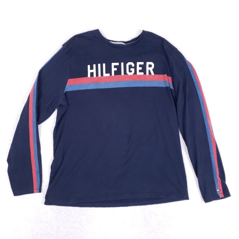 Tommy Hilfiger Long Sleeve Shirt Mens L Blue Striped‎ Crew Neck Cotton Casual